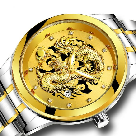 Ausyst Men's Watch Mens Gold Dragon Sculpture Quartz Watch Luxury Men Steel Wristwatch Watches for Men