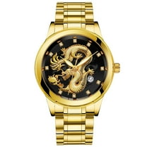 Ausyst Men's Watch Mens Gold Dragon Sculpture Quartz Watch Luxury Men Steel Wristwatch Watches for Men