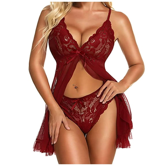 Ausyst Panties for Women Sexy Women Mesh Lingerie Lace V-Neck Chemise Ruffle Nightgown Temptation Underwear Sleepwear Nightdress Panties Clearance