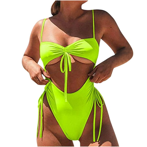 Ausyst Swimsuit Women Fashion Casual Solid Color and Printing Waist Slim Binding Hollow Out Bikinis Sets, Summer Clearance!