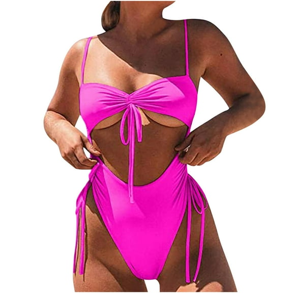 Ausyst Swimsuit Women Fashion Casual Solid Color and Printing Waist Slim Binding Hollow Out Bikinis Sets, Summer Clearance!