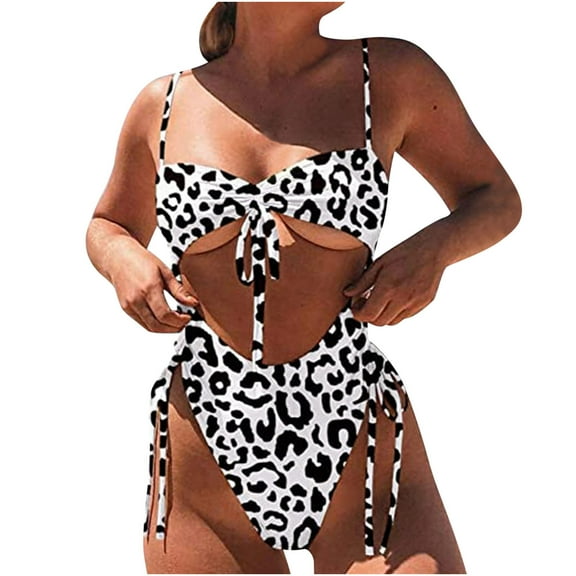 Ausyst Swimsuit Women Fashion Casual Solid Color and Printing Waist Slim Binding Hollow Out Bikinis Sets, Summer Clearance!
