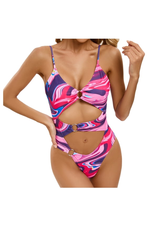 Swimsuit Women Sexy Halter Siamese Swimsuits Bikini Print Beachwear Set, Summer Clearance!