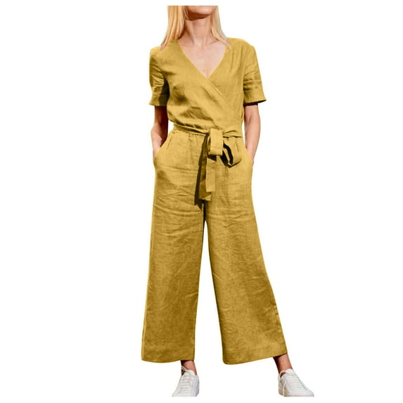Ausyst Wide Leg Jumpsuits for Women Solid Pocket Romper Short Sleeve V-neck Belt Loose Overalls Cotton And Linen Jumpsuit Summer Baggy Rompers Clearance