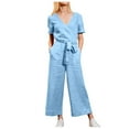 thumbnail image 1 of Ausyst Wide Leg Jumpsuits for Women Solid Pocket Romper Short Sleeve V-neck Belt Loose Overalls Cotton And Linen Jumpsuit Summer Baggy Rompers Clearance, 1 of 7