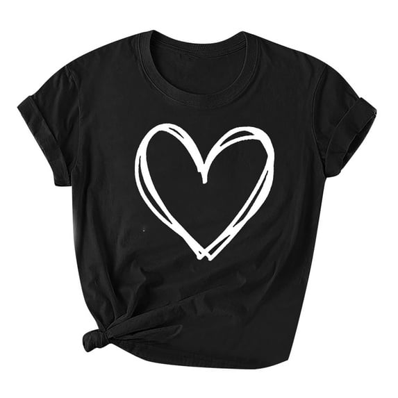 Ausyst Women Tops Cute Heart Graphic Crewneck Short Sleeve Regular Fit Casual Tee T-Shirts Summer Blouse Black M