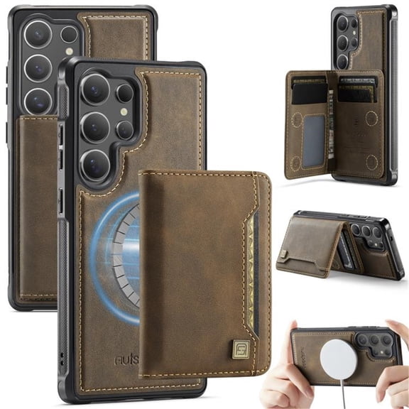 AutSpace Case For Samsung Galaxy S26 Ultra 5G , RFID Blocking, PU Leather,Compatible With MagSafe Detachable 2 In 1 Wallet With Card Holder,Kickstand Magnetic Protective Cover,Brown