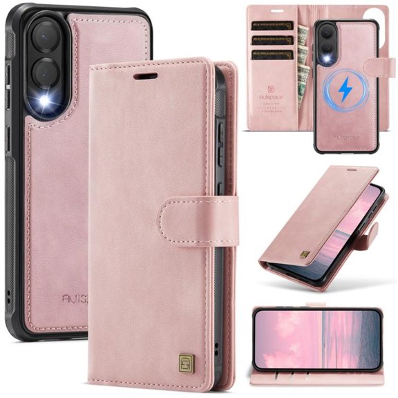AutSpace For Samsung Galaxy S25 Edge 5G [Compatible With MagSafe] 2-in-1 Detachable Wallet Case Magnetic Flip Cover Multi-Card Slots Pocket PU Leather Flip Shockproof Phone Case,Pink