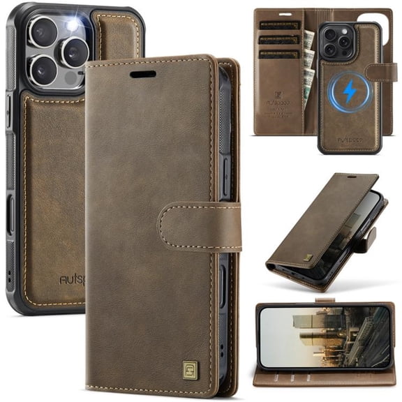 AutSpace For iPhone 14 Pro [Compatible With MagSafe] 2-in-1 Detachable Wallet Case Magnetic Flip Cover Multi-Card Slots Pocket PU Leather Flip Shockproof Phone Case,Brown,For iPhone 14 Pro