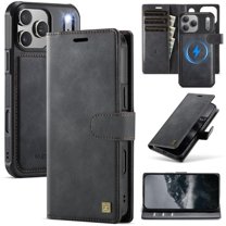 AutSpace For iPhone 17 Pro Max [Compatible With MagSafe] 2-in-1 Detachable Wallet Case Magnetic Flip Cover Multi-Card Slots Pocket PU Leather Flip Shockproof Phone Case,Black,For iPhone 17 Pro Max