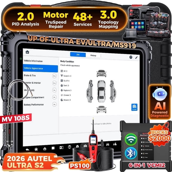 Autel Ultra S2 Scanner With MV108S and PS100, 6-in-1 VCMI2,Topology 3.0, Multi-Point DVI, Motor Truspeed Repair, EV Test, 48+ Service, 13.7'' Screen