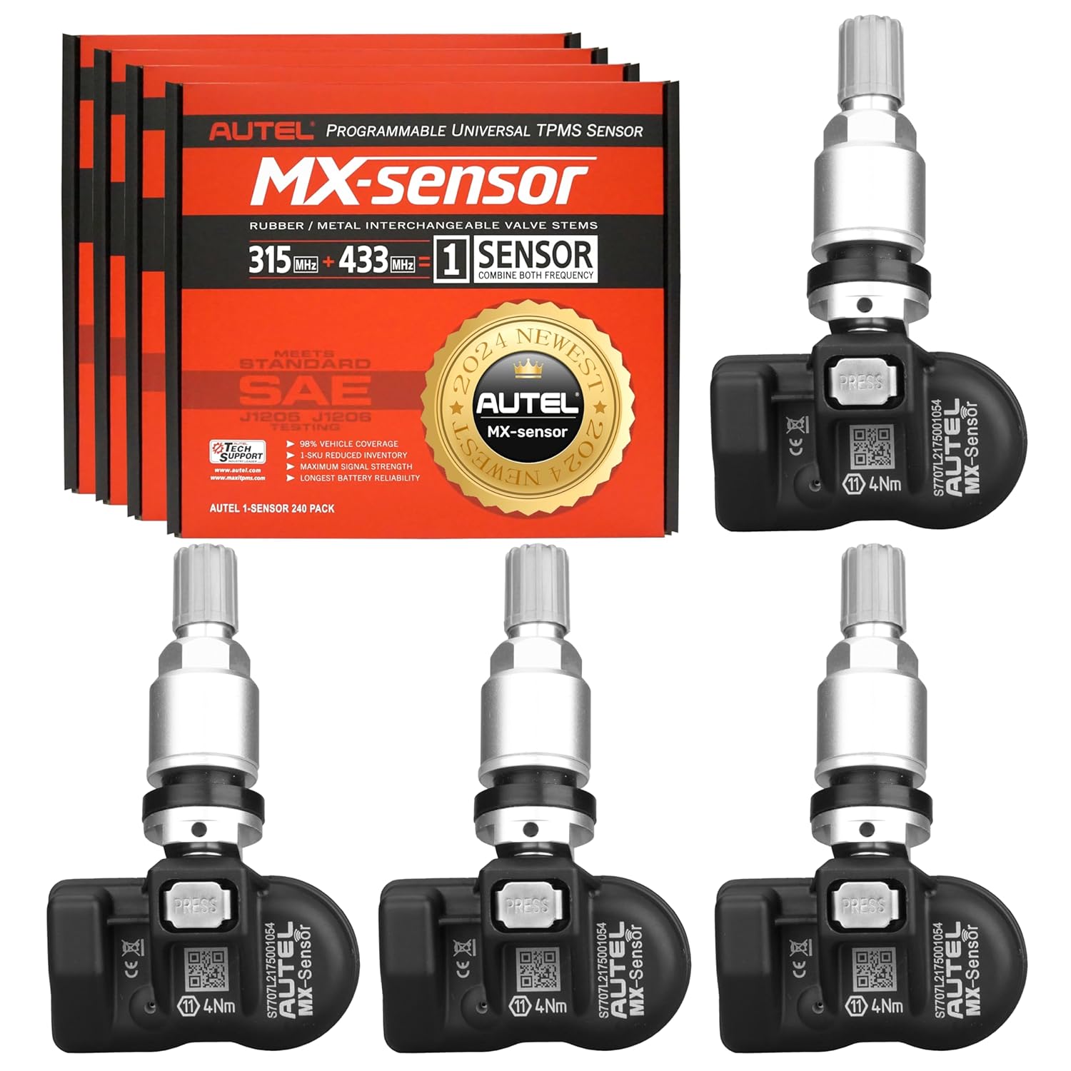 Autel MaxiTPMS MX Sensor 8-Pack - Universal 315/433MHz Programmable TPMS Tire Sensors, OBD2 Cloneable, Metal Stem