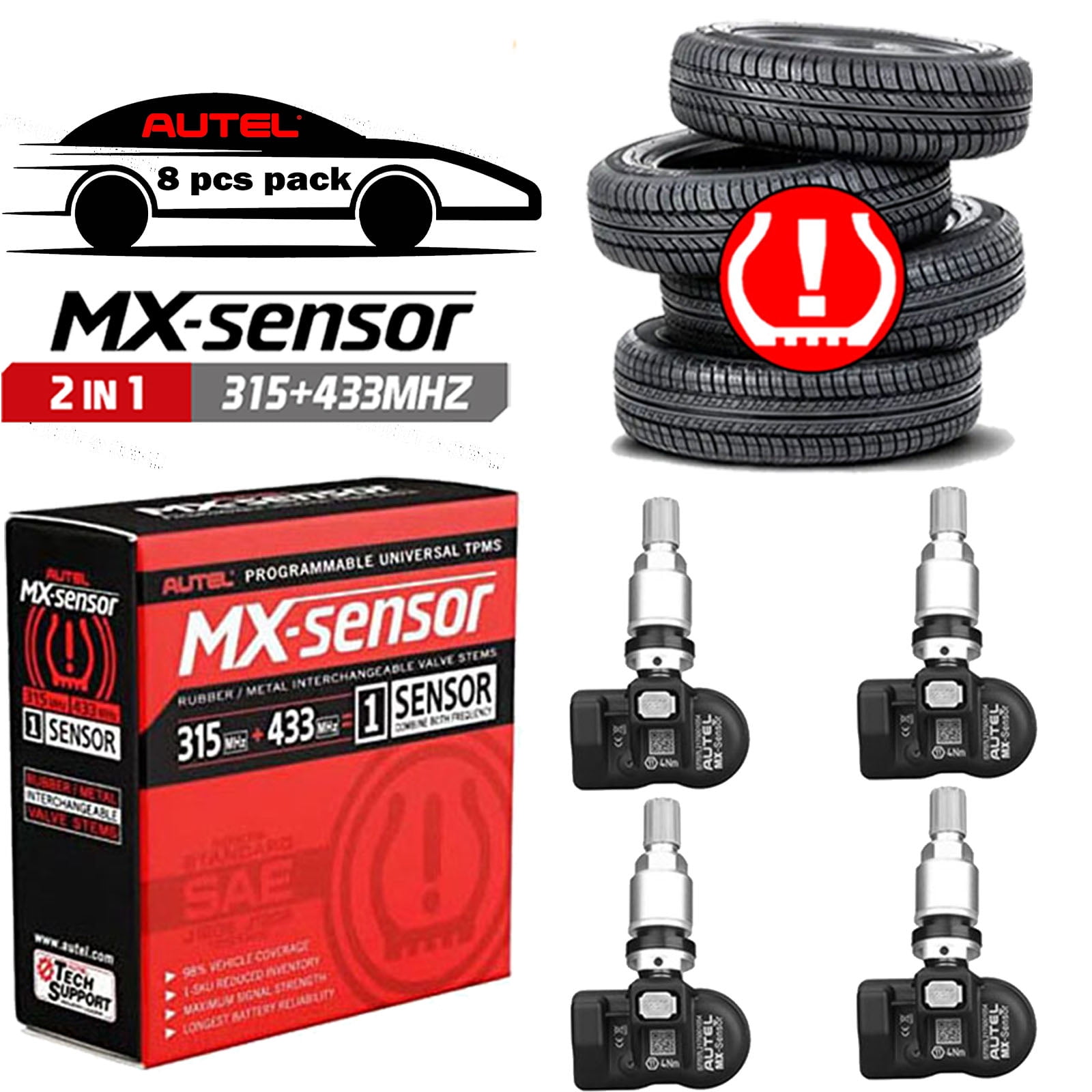 Autel MaxiTPMS MX Sensor 4pcs Universal Tire Sensor with OBD2 Scanner Dual Frequency 315MHz/433MHz TPMS Sensor Metal Stem Programmable by TS508 TS408 TS508WF TS608 MS906TS ITS600 MS906PRO-TS