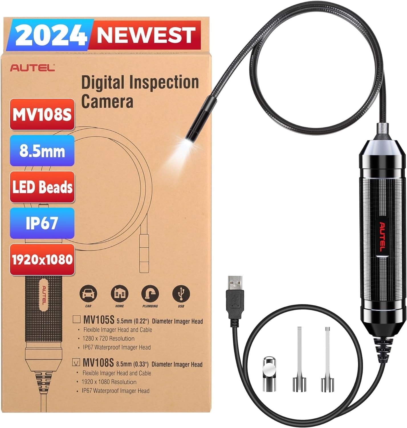 Autel MaxiVideo MV108S Digital Inspection Camera, 1920x1080 HD USB Borescope Endoscope Work with MaxiSys or PC