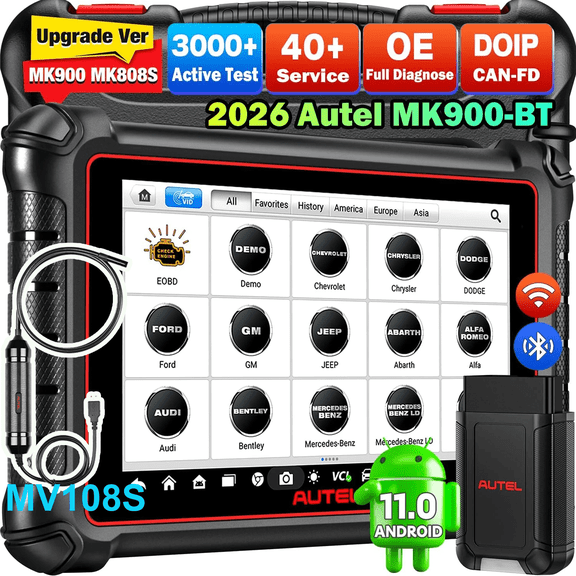 Autel Scanner MaxiCOM MK900BT, 2026 MK900-BT V2.0 Bidirectional Diagnostic Tool, 8in Up of MK900 MX900 MK808S MK808BT MX808S MK808, 3000+ Active Tests, 40+ Service, CAN-FD&DOIP, All System, FCA 11 OS