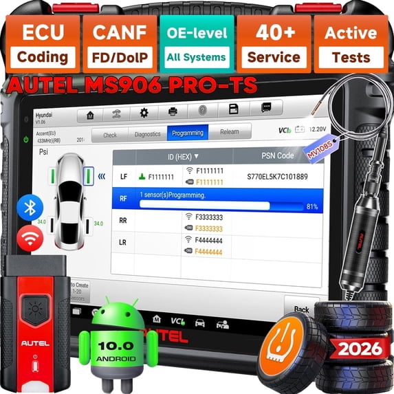 Autel Scanner MaxiSYS MS906 PRO-TS, 2026 MS906 Pro TS Up of MS906MAX MS906PRO MP900TS MP900BT, Top TPMS Function, CAN FD&DoIP, Bidirectional Scan Tool, 3000+ Active Test, 36+ Service, FCA, OS 10