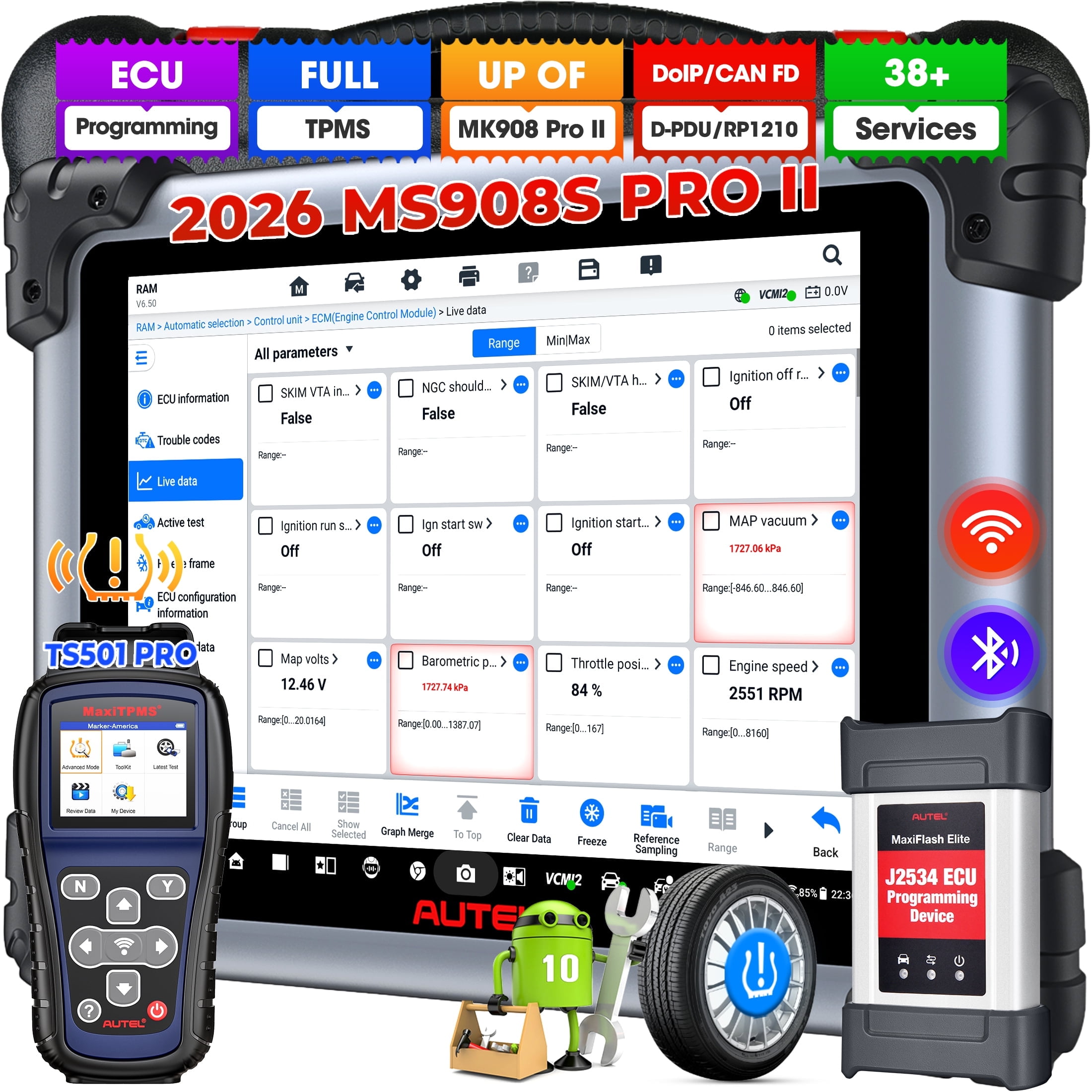 Autel Scanner MaxiSYS MS908S PRO II 2026, With TS501 PRO TPMS Relearn Tool, Bidirectional Diagnostic Scan as Ultra MS919 MS909 Elite 2 Pro, Up of MK908P MS906MAX, 3K+ Active Tests, 38+ Reset