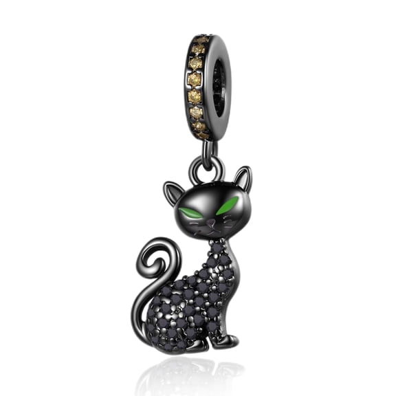 ROSIANNA 925 Sterling Silver Black Cat Dangle Charm For Bracelets Necklace