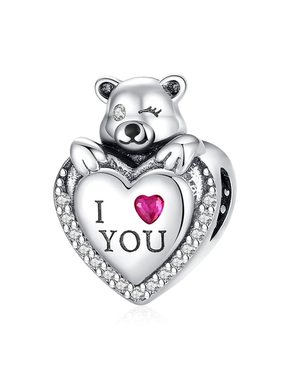 925 Sterling Silver I Love You Heart Bear Charm For Bracelets Necklace