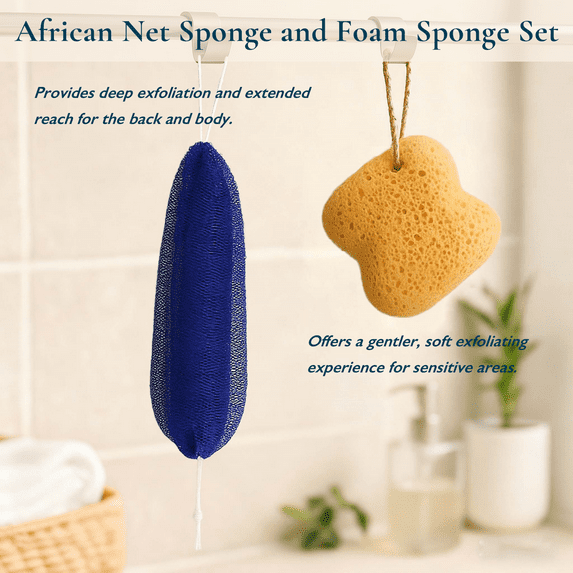 ComfiTime African Net Sponge & Bath Sponge Set – Exfoliating Shower Sponge, Extra-Long Back Exfoliator Body Scrubber for Adults & Kids, Rich-Lather Back Wash Sponge, Deep Cleansing & Quick-Drying