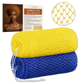 ComfiTime Authentic African Net Sponge – 2Pack Stretchable Exfoliating Body Scrubber with Knots, Extra-Long Back Exfoliator for Adults & Kids, Deep Cleansing & Quick-Drying Bath Sponge, Blue/Yellow