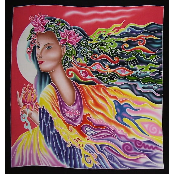 Authentic Batik Textile Art Lotus Goddess 40" x 38" Multi Color