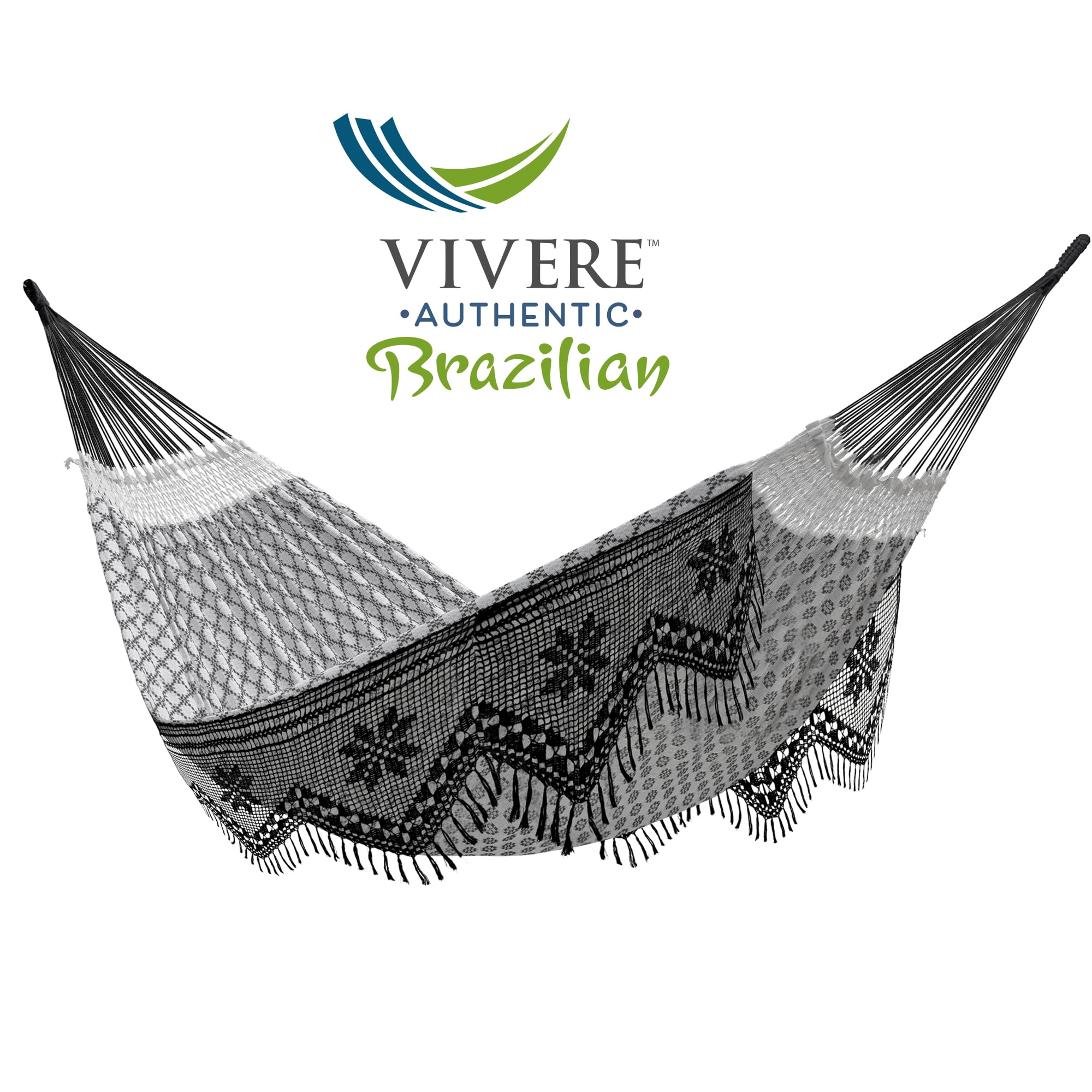 Luxo Black and White Brazilian Cotton Double Hammock with Fringe
