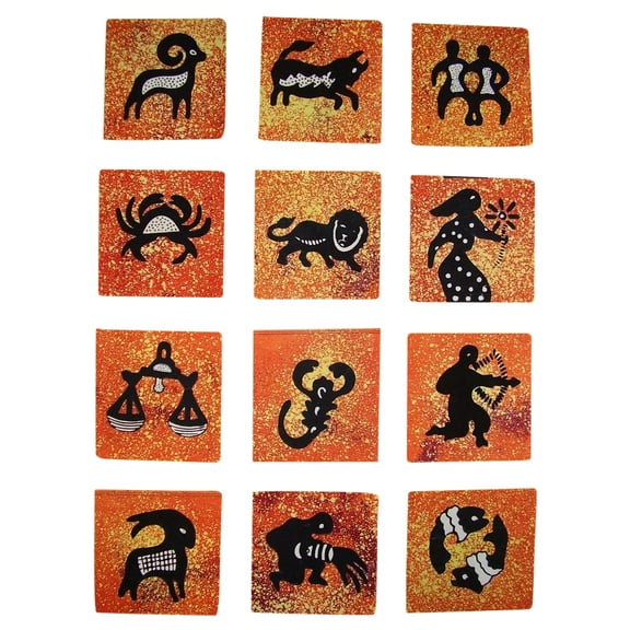 Authentic Cotton Batik Textile Art Packet Astrological Zodiac 5" x 5" Orange
