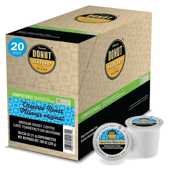 Authentic Donut Shop Original Roast, Compostable Coffee Pods - Medium Roast, K-Cup Compatible, 20 Count