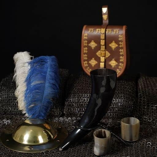 Authentic Drinking Horn Bundle with Hand Forged Rack & Norse Shot Glass Pair - 400ml Medieval Mug Set for SCA, LARP, Weddings