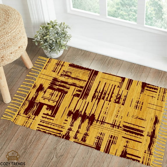 Authentic Hand-Woven Indian Cotton Rug 24''x36'' - Washable, Reversible, and Timelessly Stylish - 2'x3' Brush Mustard