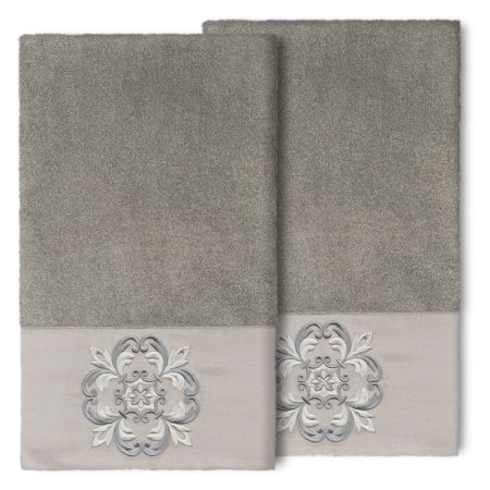 Authentic Hotel and Spa 100% Turkish Cotton Alyssa 2PC Embellished Bath Towel Set Dark Gray