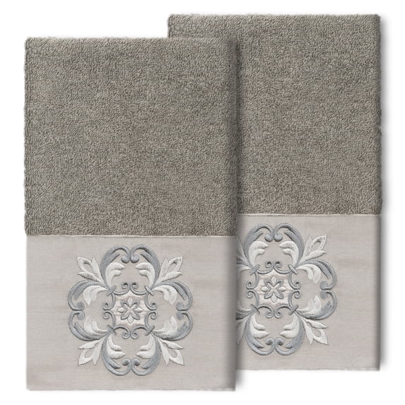 Authentic Hotel and Spa 100% Turkish Cotton Alyssa 2PC Embellished Hand Towel Set Dark Gray