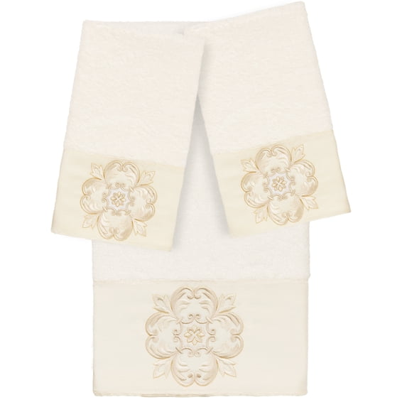 Authentic Hotel and Spa 100% Turkish Cotton Alyssa 3PC Embellished Towel Set Cream