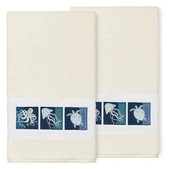 Authentic Hotel and Spa 100% Turkish Cotton Ava 2PC Embellished Bath Towel Set Cream