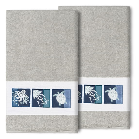Authentic Hotel and Spa 100% Turkish Cotton Ava 2PC Embellished Bath Towel Set Light Gray