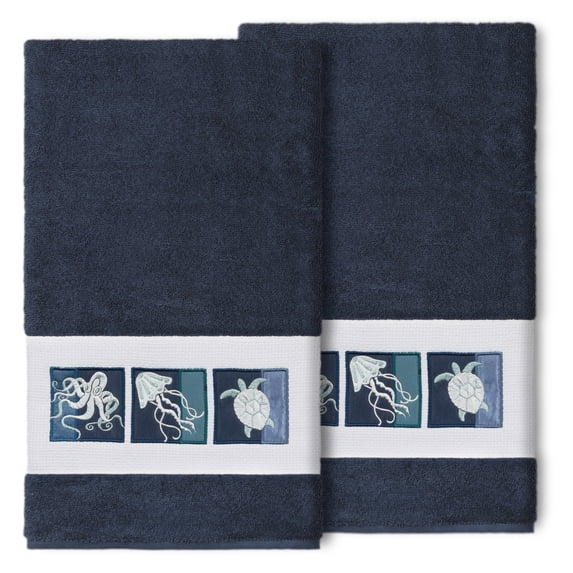 Authentic Hotel and Spa 100% Turkish Cotton Ava 2PC Embellished Bath Towel Set Midnight Blue
