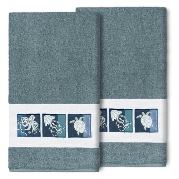 Authentic Hotel and Spa 100% Turkish Cotton Ava 2PC Embellished Bath Towel Set Teal