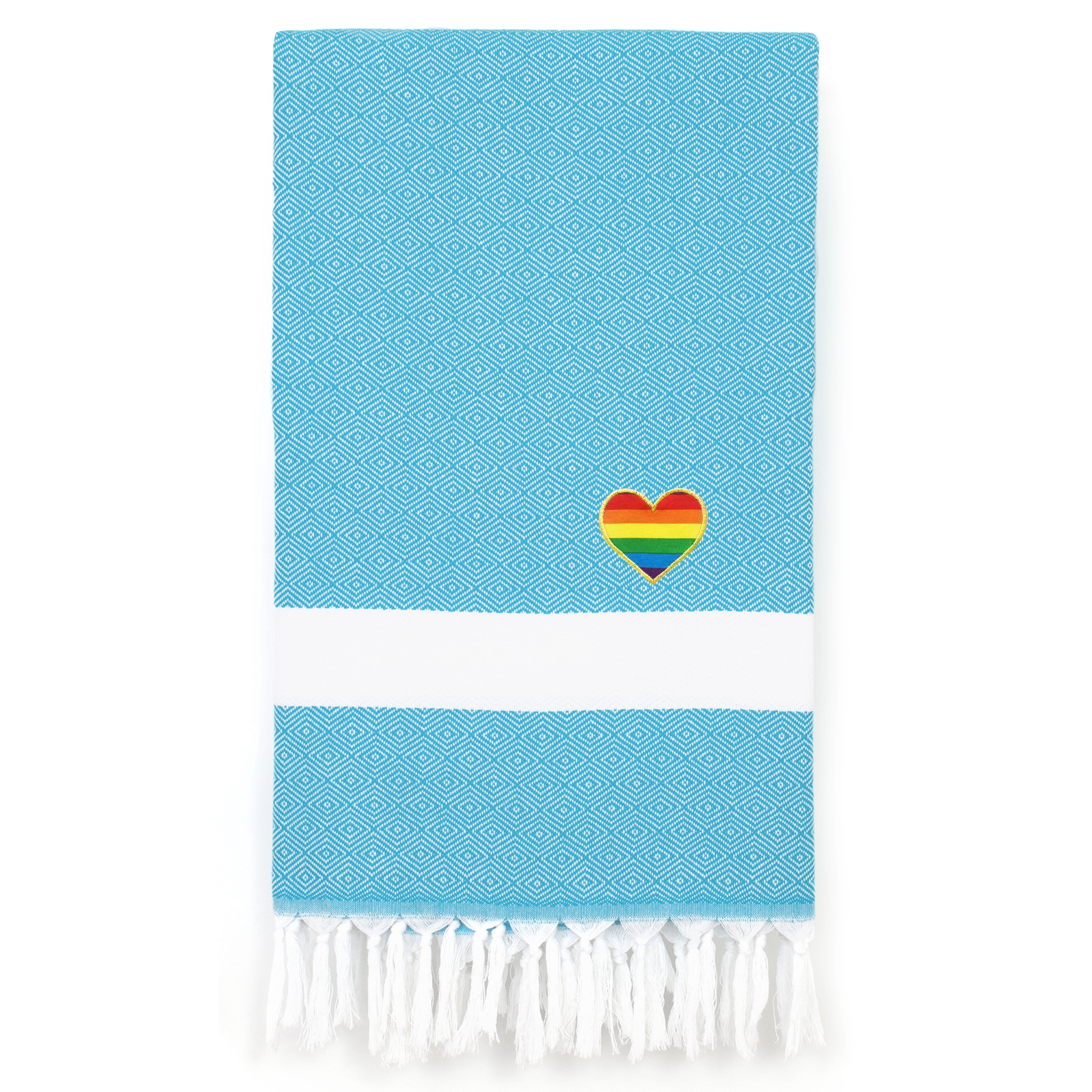 Authentic Hotel and Spa  100% Turkish Cotton Diamond Cheerful Rainbow Heart Pestemal Beach Towel Turquoise