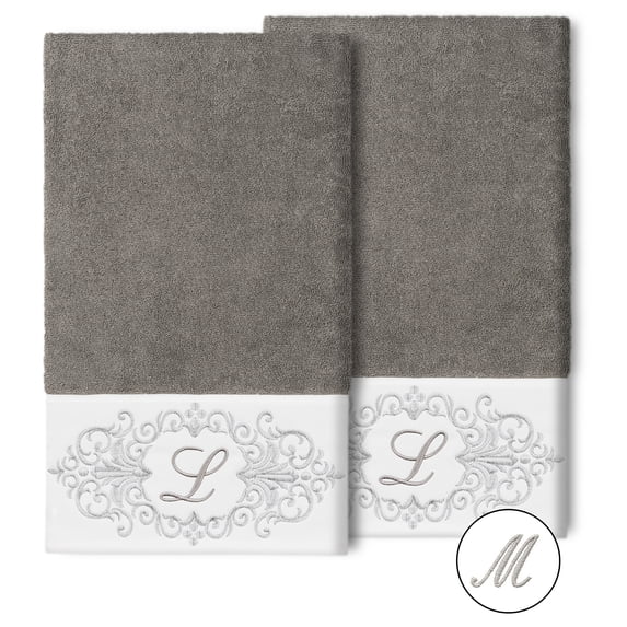 Authentic Hotel and Spa 100% Turkish Cotton Monica 2PC Embellished Bath Towel Set Dark Gray M