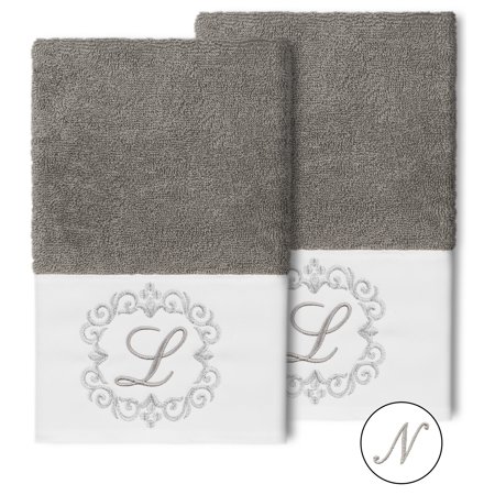 Authentic Hotel and Spa 100% Turkish Cotton Monica 2PC Embellished Hand Towel Set Dark Gray N