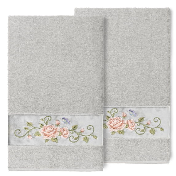 Authentic Hotel and Spa 100% Turkish Cotton Rebecca 2PC Embellished Bath Towel Set Light Gray