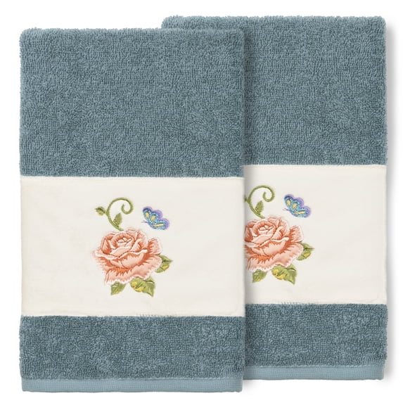Authentic Hotel and Spa 100% Turkish Cotton Rebecca 2PC Embellished Hand Towel Set Teal