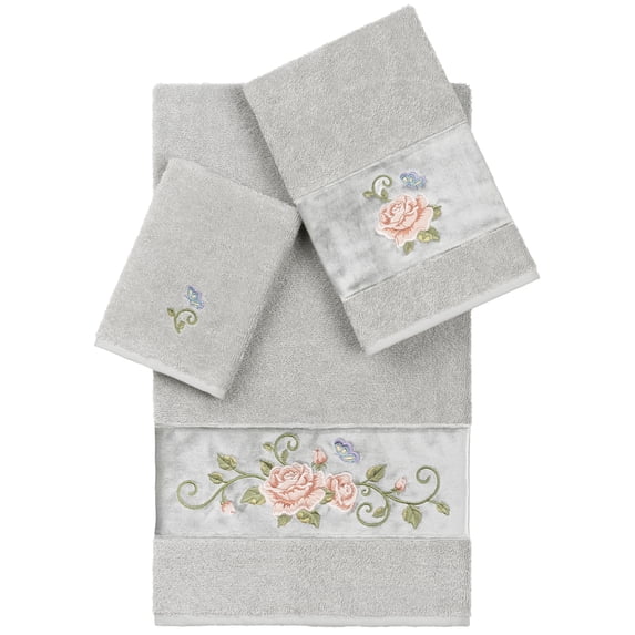 Authentic Hotel and Spa 100% Turkish Cotton Rebecca 3PC Embellished Towel Set Light Gray