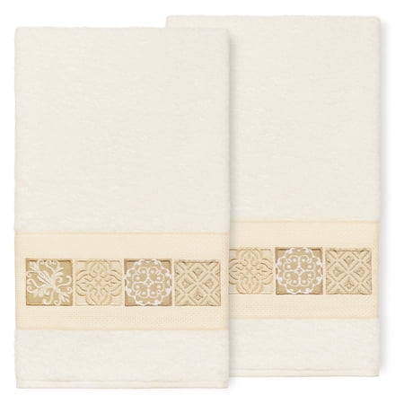Authentic Hotel and Spa 100% Turkish Cotton Vivian 2PC Embellished Bath Towel Set Cream