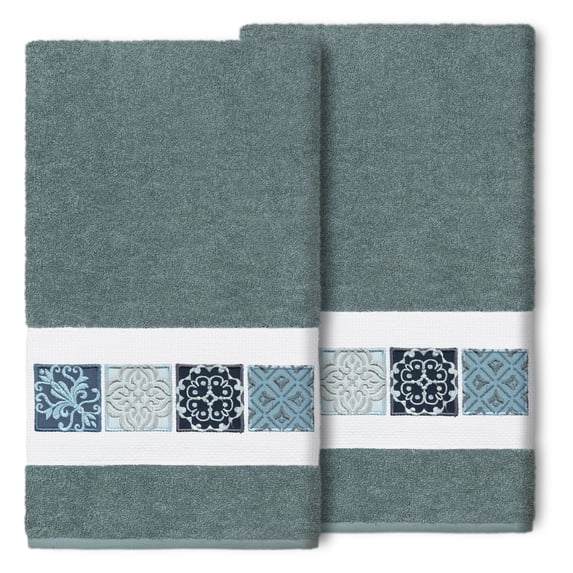 Authentic Hotel and Spa 100% Turkish Cotton Vivian 2PC Embellished Bath Towel Set Teal