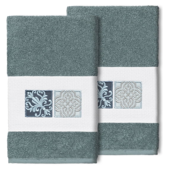 Authentic Hotel and Spa 100% Turkish Cotton Vivian 2PC Embellished Hand Towel Set Teal