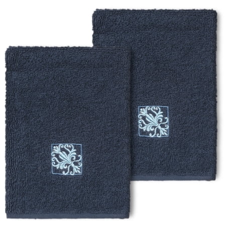 Authentic Hotel and Spa 100% Turkish Cotton Vivian 2PC Embellished Washcloth Set Midnight Blue