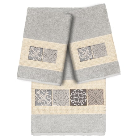 Authentic Hotel and Spa 100% Turkish Cotton Vivian 3PC Embellished Towel Set Light Gray