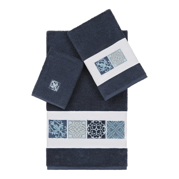 Authentic Hotel and Spa 100% Turkish Cotton Vivian 3PC Embellished Towel Set Midnight Blue